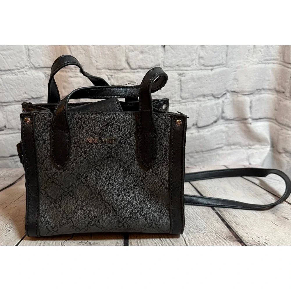 Nine West Mini Satchel Crossbody Bag Black Charcoal Monogram Floral Print